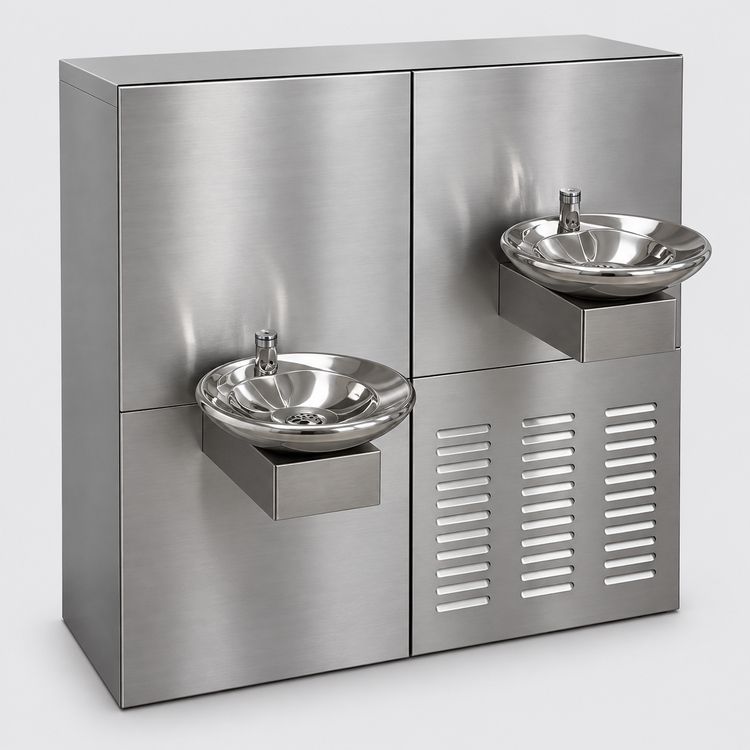 AQBULAQ drinking station in stainless steel with two bowls – three-quarter view