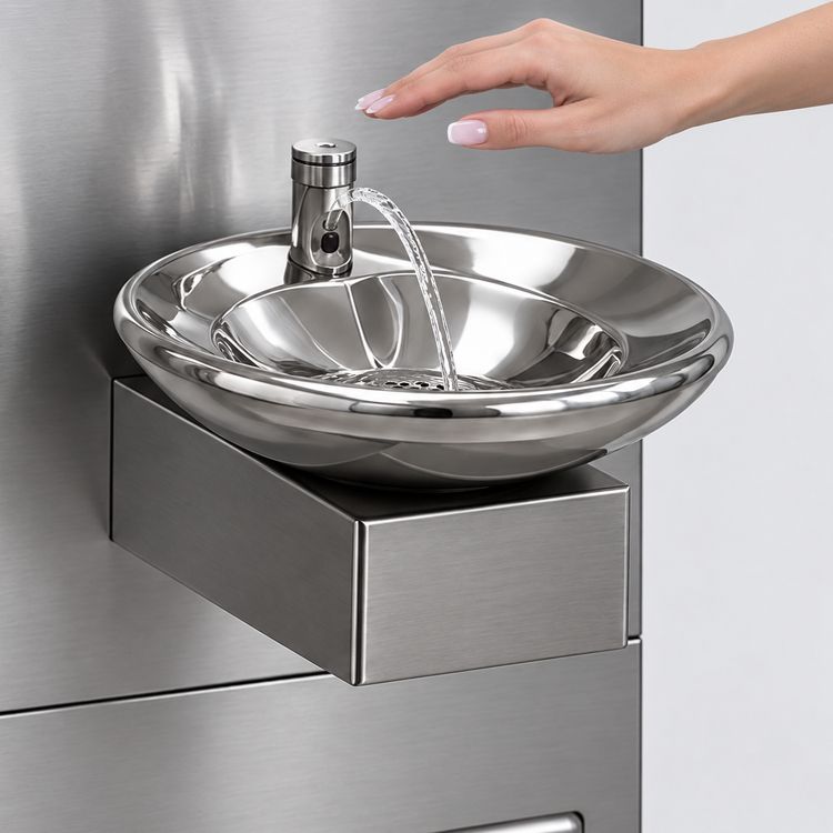 A hand at the sensor – water arcs over the bowl of the AQBULAQ station
